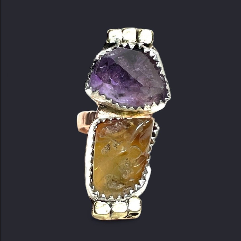 Raw Amethyst Crystal + Orange Agate Mixed Metal Ring (6.5)